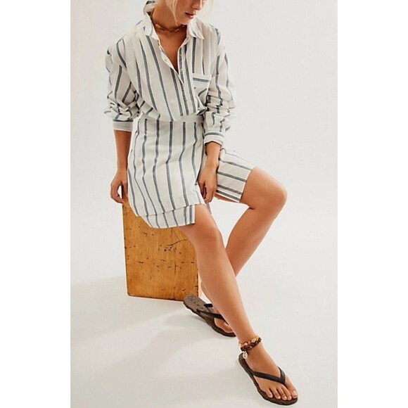 Free People Dresses & Skirts - Free People High Vibrations Shirt Dress Wrap Skirt Belted Medium Striped Preppy